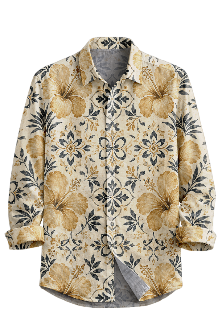 Mofybuy Golden Hibiscus Tile Shirt