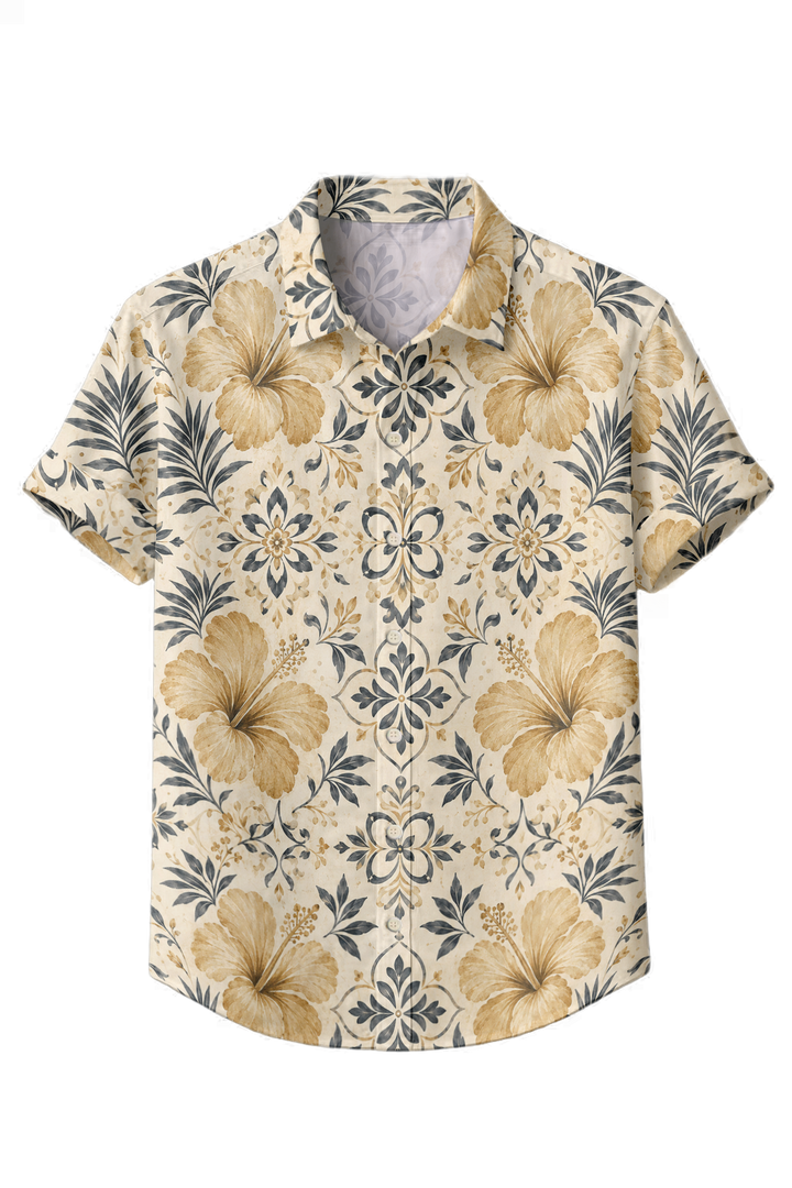 Mofybuy Golden Hibiscus Tile Shirt