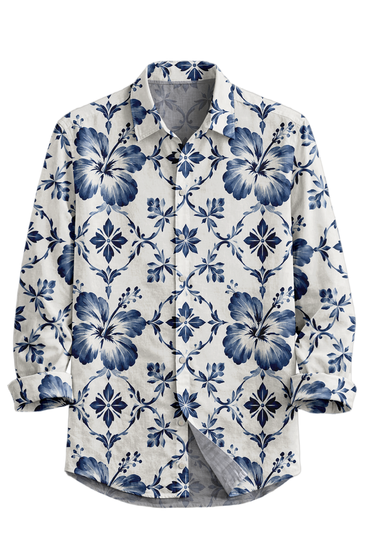 Mofybuy Blue Porcelain Hibiscus Shirt