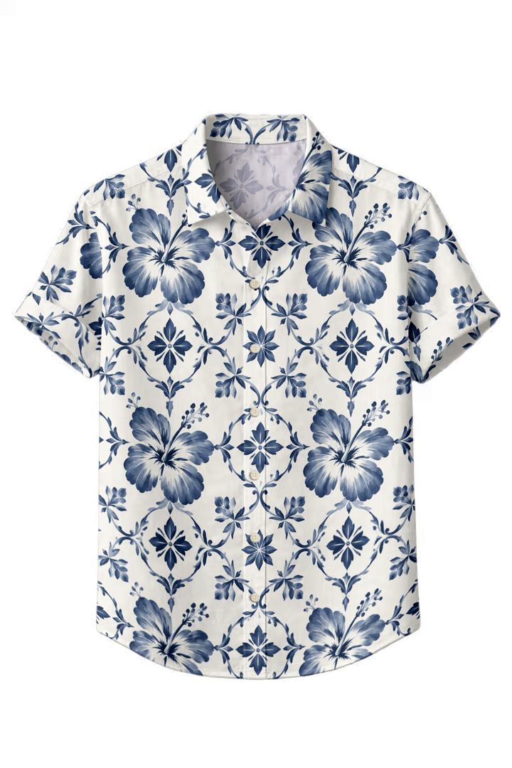 Mofybuy Blue Porcelain Hibiscus Shirt