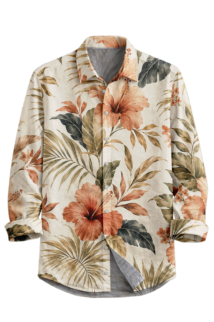 Mofybuy Coral Hibiscus Palm Shirt