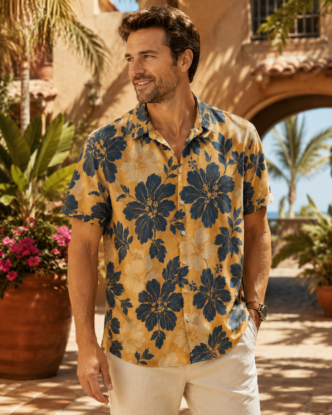 Mofybuy Golden Hibiscus Shadow Shirt