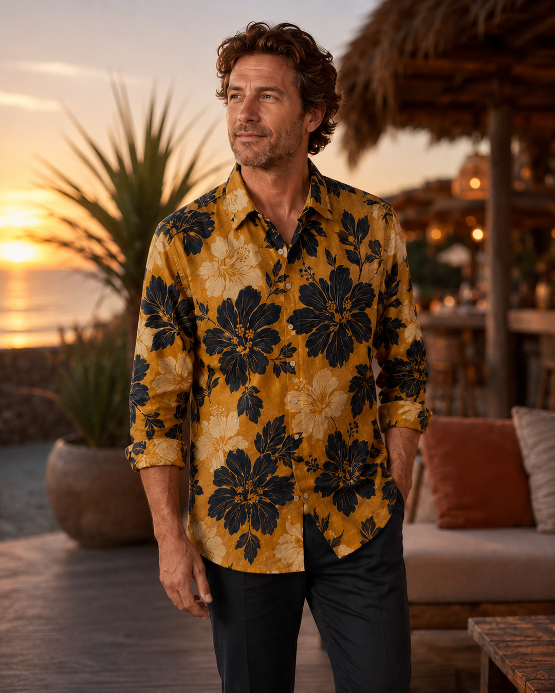 Mofybuy Golden Hibiscus Shadow Shirt