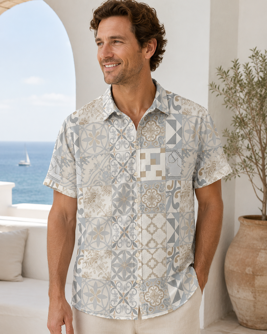 Mofybuy Vintage Tile Patch Shirt