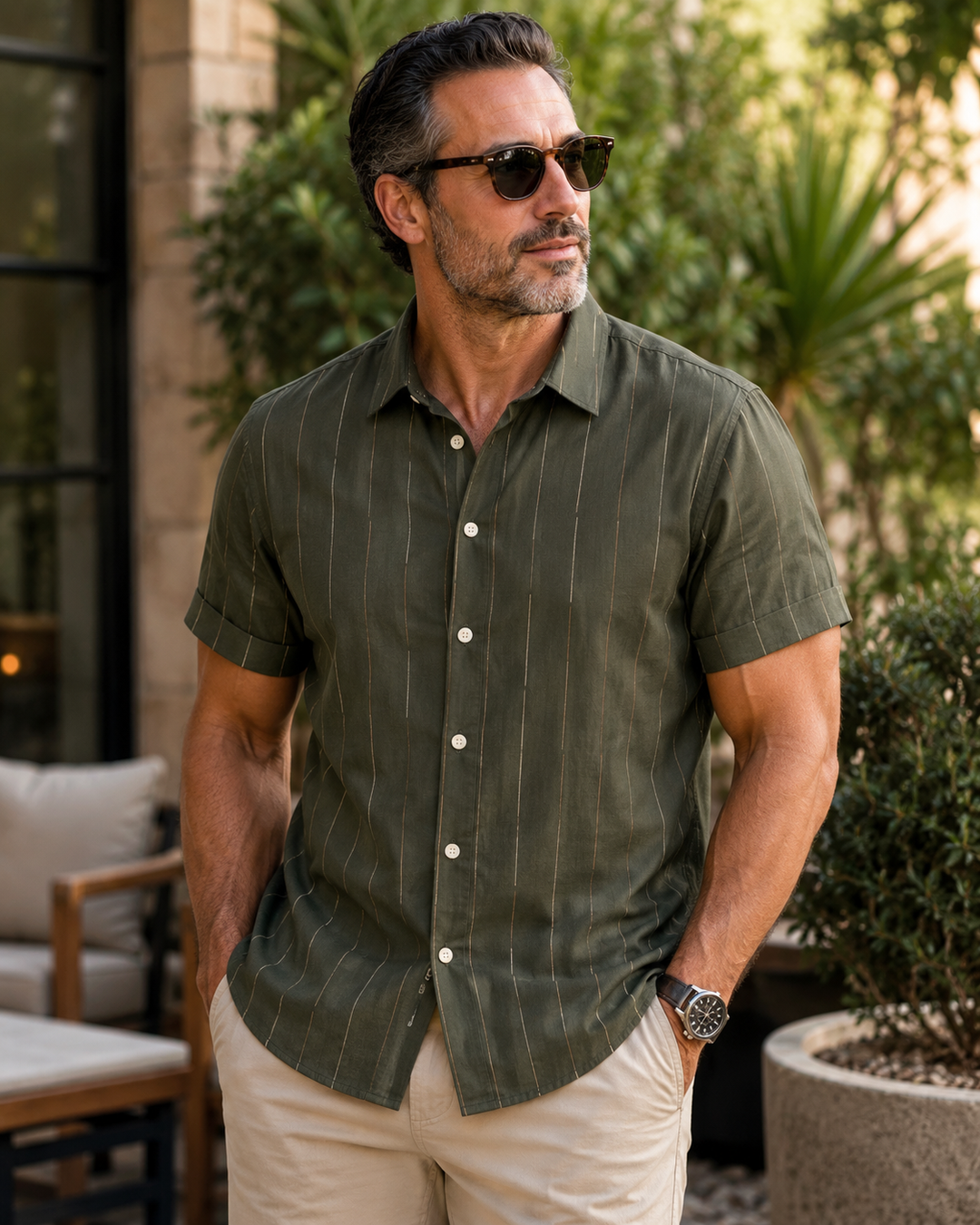 Mofybuy Olive Pinstripe Lines Shirt