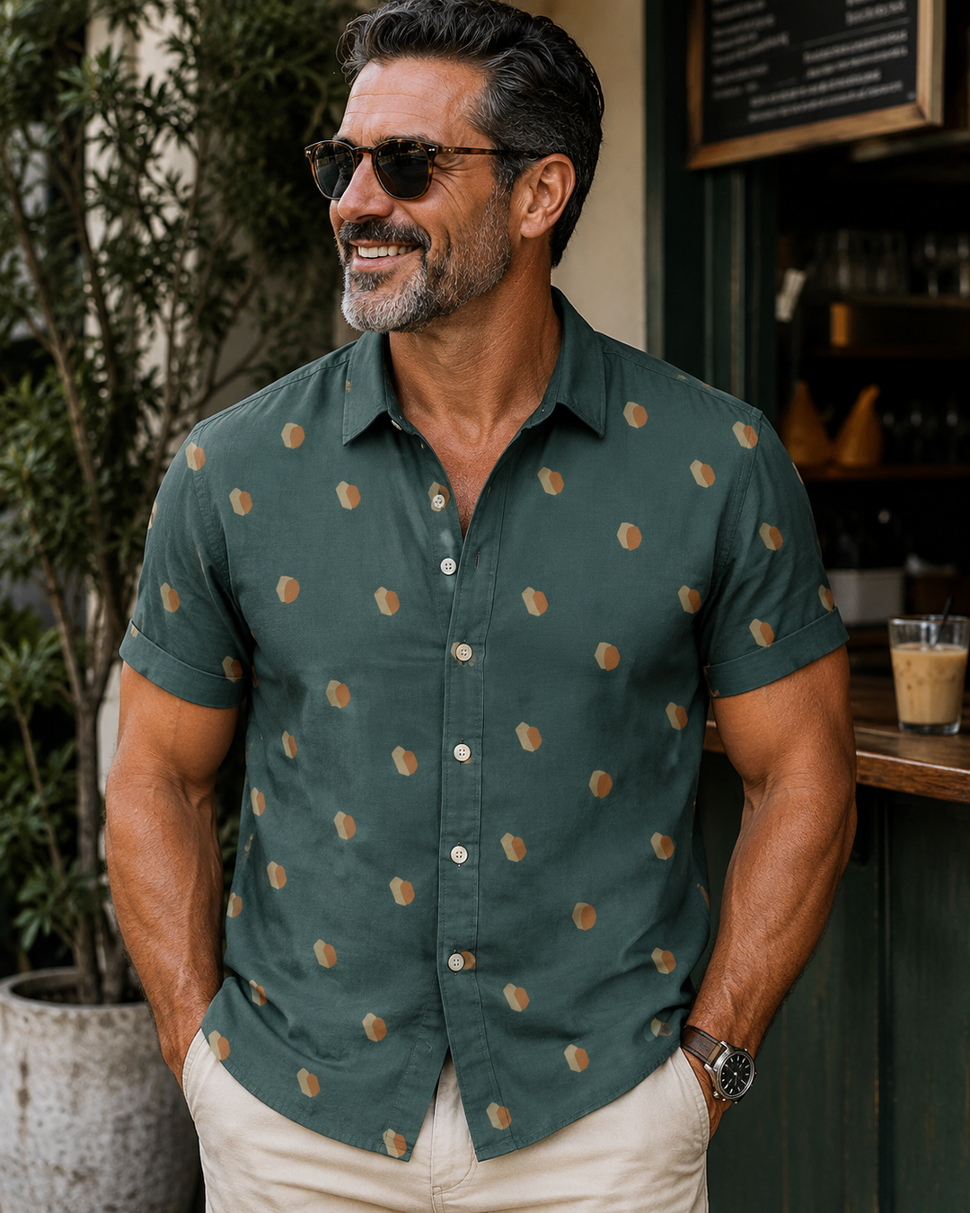 Mofybuy Deep Green Dot Accent Shirt