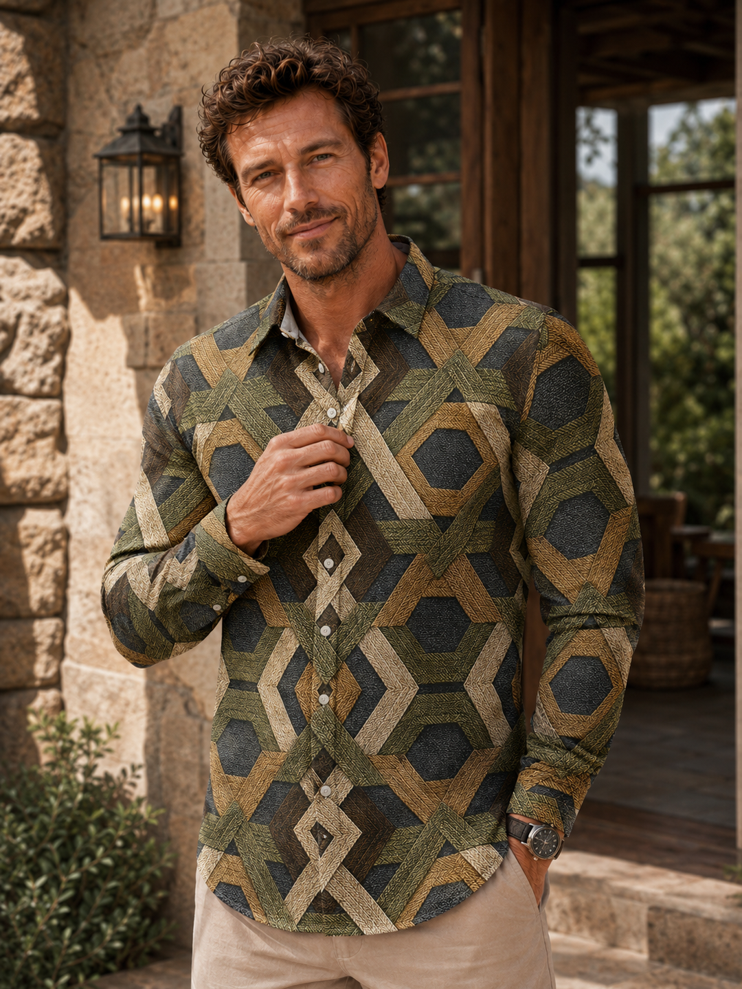Mofybuy Woven Hexagon Geo Shirt
