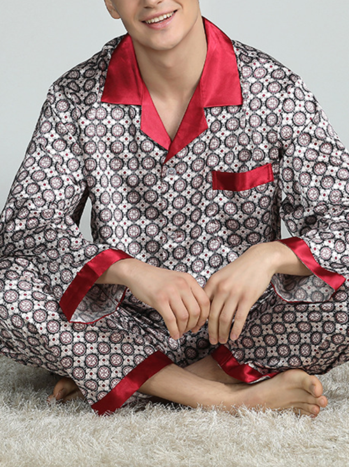 Mofybuy Men's Breathable Home Silk Pajamas Two Piece Set