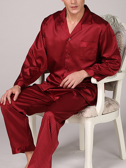 Mofybuy Men's Pure Color Breathable Home Silk Pajamas Two Piece Set