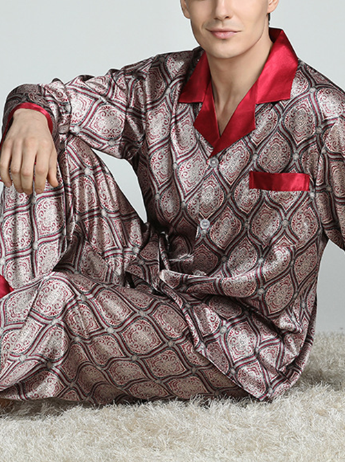 Mofybuy Men's Breathable Home Silk Pajamas Two Piece Set