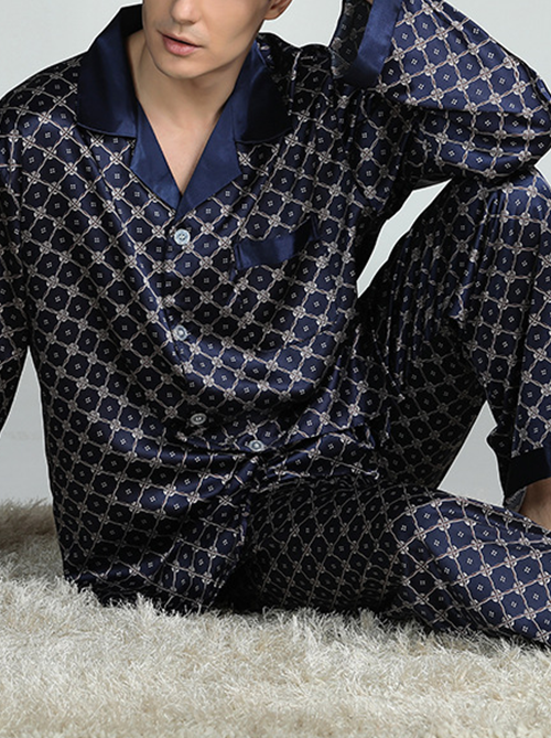 Mofybuy Men's Breathable Home Silk Pajamas Two Piece Set